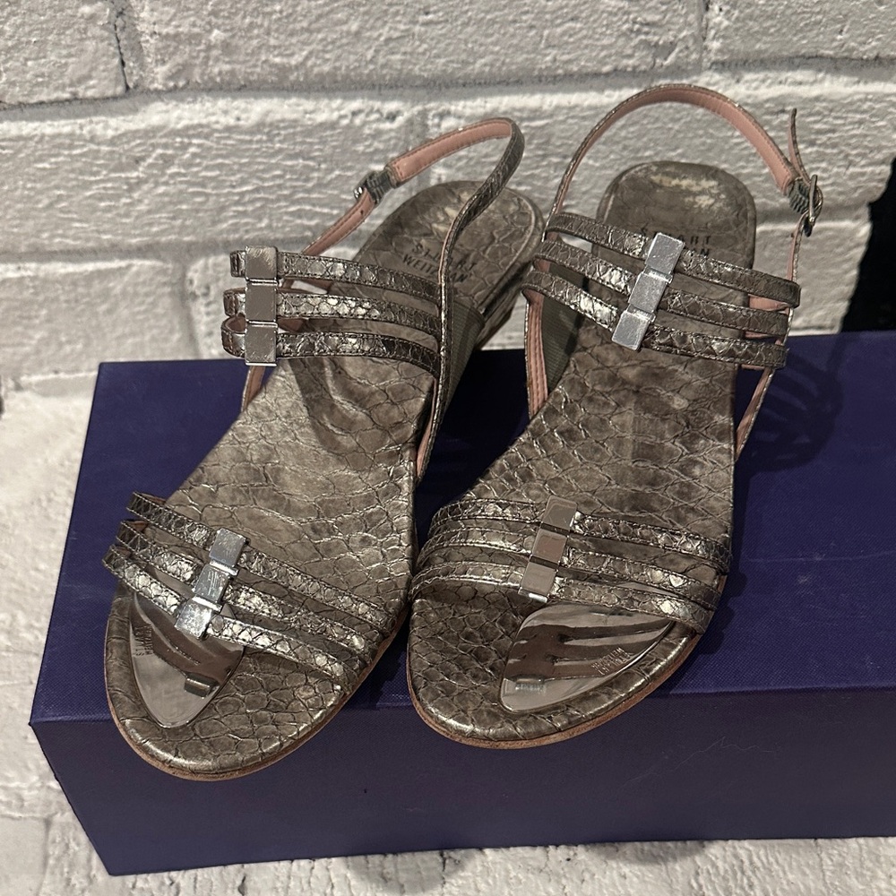 Stuart Weitzman Metallic Snakeskin Playful Sandals